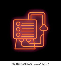 Neon sign depicting server connecting to cloud storage using smartphone on black background