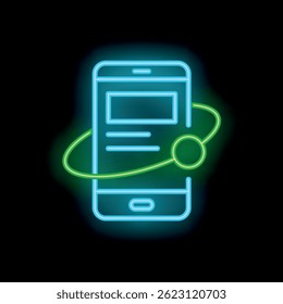 Neon sign depicting a smartphone with a globe orbiting around it, symbolizing global network reach and connectivity