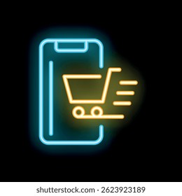 Neon sign depicting a smartphone with a shopping cart leaving the screen at high speed, illustrating the concept of online shopping
