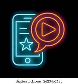 Neon sign depicting a smartphone with a video play button and a five star rating, indicating high quality content and user satisfaction