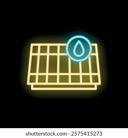 Neon sign depicting a solar panel with a water drop, symbolizing the connection between renewable energy and water conservation