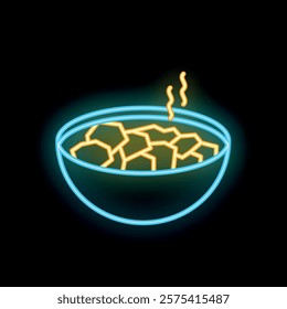 Neon sign depicting a steaming hot bowl of food, perhaps soup, stew, or chili, on a black background