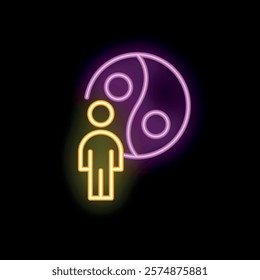 Neon sign depicting a stylized person standing next to the yin yang symbol, representing balance, harmony, and duality