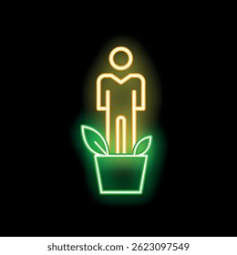 Neon sign depicting a stylized person standing in a plant pot with leaves, symbolizing personal development and potential