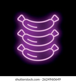 Neon sign depicting three delicious sausages with a vibrant purple glow, perfect for food related businesses