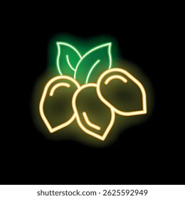 Neon sign depicting three hazelnuts with leaves, glowing brightly against a dark background