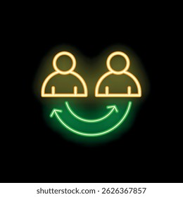 Neon sign depicting two people sharing positive emotions with green arrows forming a smile