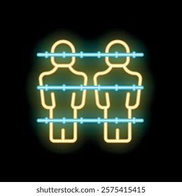 Neon sign depicting two stylized individuals separated by glowing blue barriers, symbolizing the concept of social distancing