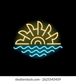 Neon sign depicting a water wheel generating renewable energy with a sunset in the background, promoting eco friendly power solutions