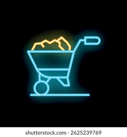Neon sign depicting a wheelbarrow full of stones is glowing against a dark background