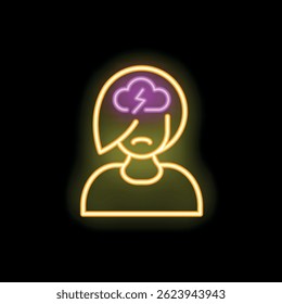 Neon sign depicting a woman with a cloud and a lightning bolt over her head, representing a headache