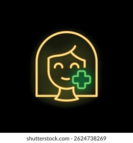 Neon sign depicting a woman smiling with a green medical cross, conveying concepts of health, beauty, and wellness
