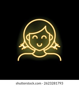 Neon sign depicting a young woman with pigtails smiling on a black background