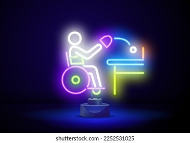 Neon sign depicts a person in a wheelchair playing table tennis Neon adaptive sport for people with disabilities.