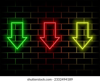 Neon sign direction. vector illustration. down arrow. many colors.
