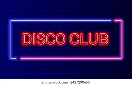 Neon sign disco club in speech bubble frame on brick wall background vector. Light banner on the wall background. Disco club button dance vj loop, design template, night neon signboard