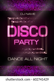 Neon sign. Disco party poster
