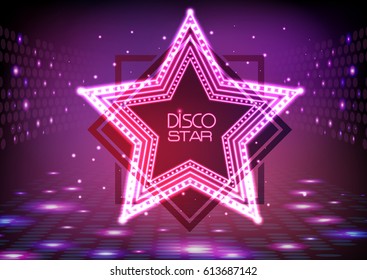 Neon sign disco star on night disco background