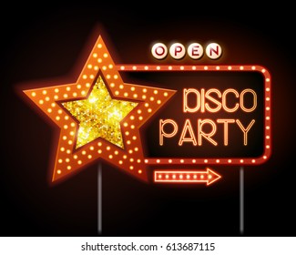 Neon sign of disco star and neon text disco party
