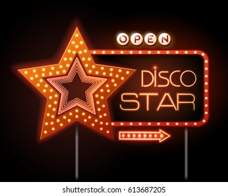 Neon sign of disco star and neon text disco star