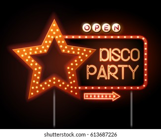 Neon sign of disco star and neon text disco party