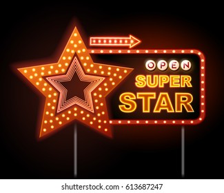 Neon sign of disco star and neon text super star