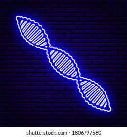 Neon sign, DNA molecule. Located diagonally. On a brick wall with a shadow. Blue colors