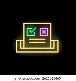 Neon sign of a document with checkmark and cross mark symbolizing decision making, agreement or disagreement