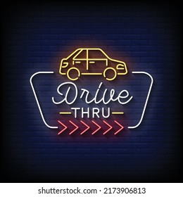 Neon Sign drive thru with Brick Wall Background Vector