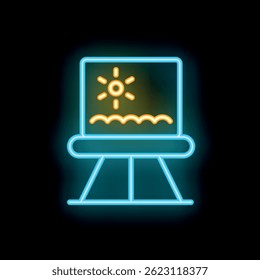 Neon sign of an easel displaying a painting of the sun rising over the ocean