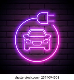 Neon sign eco-friendly electric car. A safe machine that runs on electricity. Alternative energy. Electric Car Neon Label. Vector Illustration of Energy Promotion.