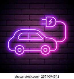 Neon sign eco-friendly electric car. A safe machine that runs on electricity. Alternative energy. Electric Car Neon Label. Vector Illustration of Energy Promotion.