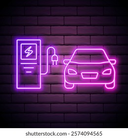 Neon sign eco-friendly electric car. A safe machine that runs on electricity. Alternative energy. Electric Car Neon Label. Vector Illustration of Energy Promotion.