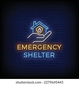 Neon Sign emergency shelter with brick wall background vector