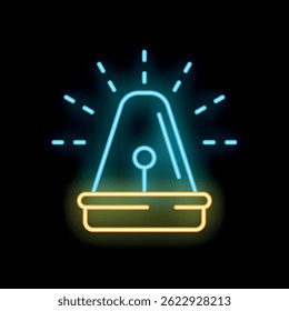 Neon sign of an emergency siren flashing on a black wall at night