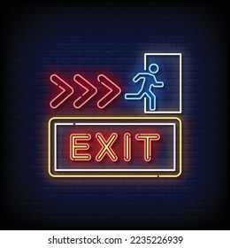 neon sign exit with brick wall background vector illustration