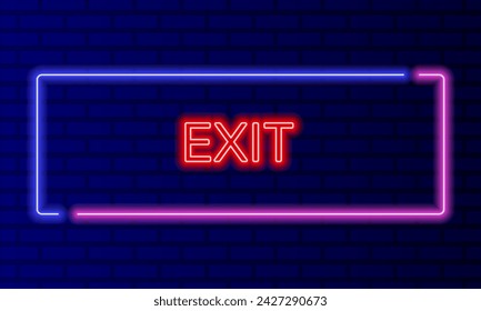Salida de signo de neón en el marco de burbuja de voz en el vector de fondo de pared de ladrillo. Banner de luz en el fondo de la pared. Botón de salida para la puerta de los edificios, plantilla de diseño, letrero de neón nocturno