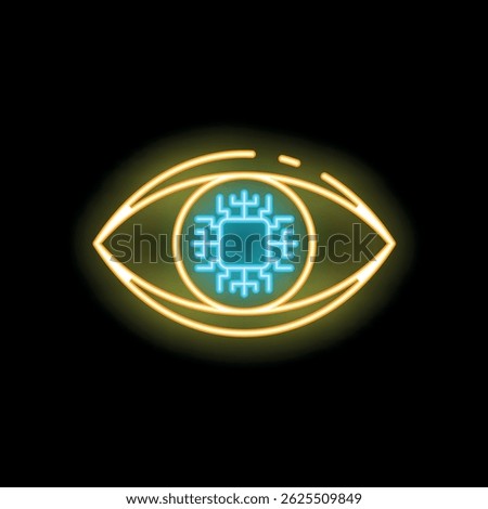 Neon sign of an eye with a microchip as the pupil, representing concepts like artificial intelligence and technological singularity