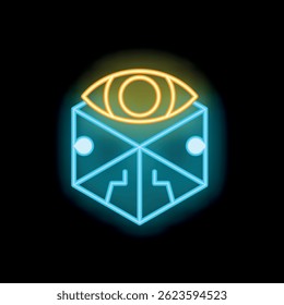 Neon sign of an eye watching over a geometric cube with electronic components, representing artificial intelligence and machine learning