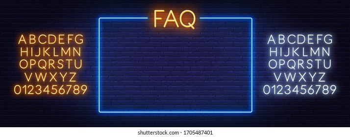 Neon sign FAQ Frequently asked questions neon sign and the frame on the brick wall background. Neon alphabet .