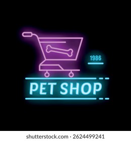 Neon sign featuring shopping cart with bone for sale advertising pet shop