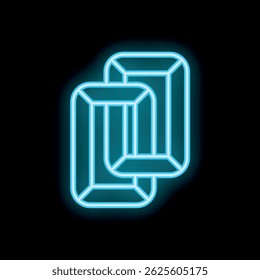 Neon sign featuring two overlapping emerald cut diamonds glowing blue on a black background