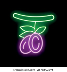 Neon sign featuring two ripe plums hanging from a branch with leaves, glowing brightly against a dark background