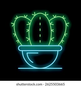 Neon sign featuring a vibrant green cactus with three arms, planted in a bright blue pot, creating a striking contrast against a black background
