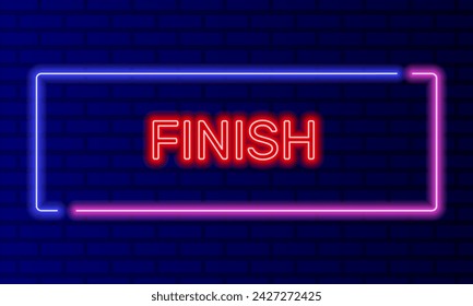 Neon sign finish in speech bubble frame on brick wall background vector. Light banner on the wall background. Finish button virtual reality, design template, night neon signboard