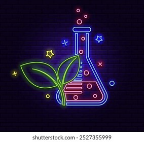 Neon sign flask and plant. A glowing biology sign. Modern fashionable design: neon signs, bright night advertising, light banners and installations in the style of light art. Vector illustration