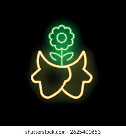 Sinal de néon de uma flor que cresce a partir de duas cabeças, simbolizando o amor, o crescimento e a harmonia