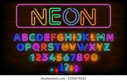 Neon sign font, glow light typeface, show fluorescent type, shine effect alphabet vector typography set. Double neon line english abc characters font, color light letters and numbers on old brick wall