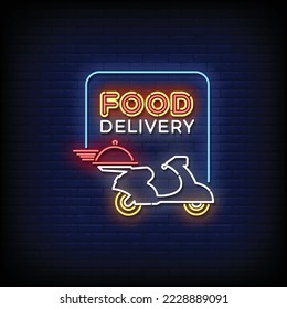 Neon Sign food delivery with brick wall background vector