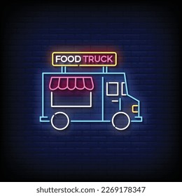 Neon Sign food truck with brick wall background vector